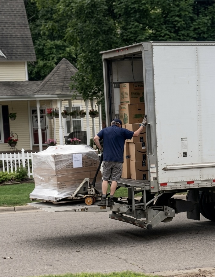 Palletized order of custom acrylic shelf talkers being loaded onto a freight truck