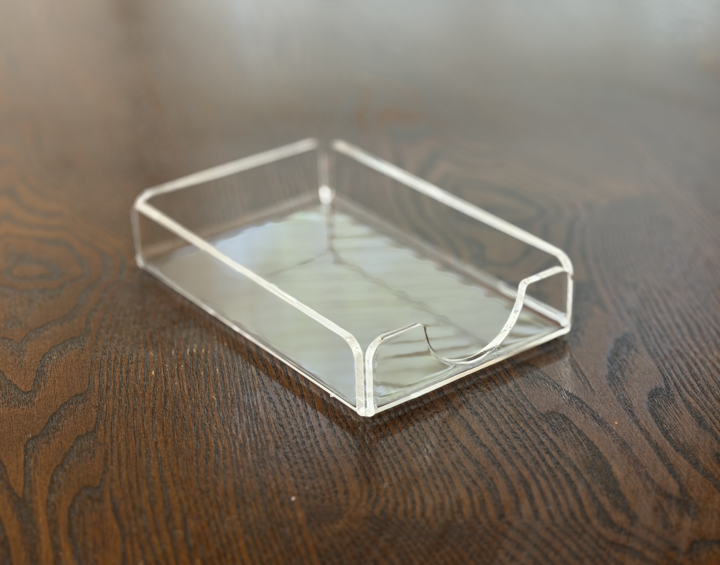 Custom clear acrylic tray with a finger notch, sized to hold a stack of 3x5 index cards