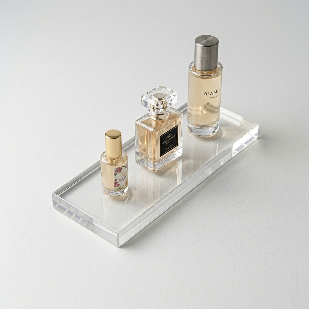 Custom acrylic riser displaying perfume bottles
